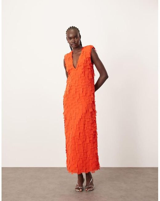 ARRANGE Red Laser Cut Plunge Neckline Shoulder Pad Maxi Dress With Pockets