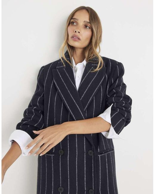 River Island Blue Pinstripe Double Breasted Coat