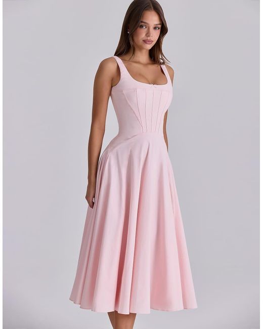 House Of Cb Pink Jaime Cotton Lace Up Midi Sundress
