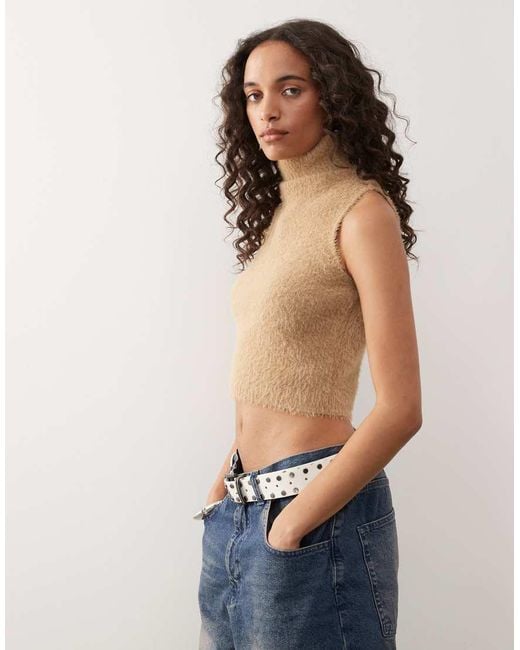 Collusion White Fluffy Roll Neck Knitted Vest