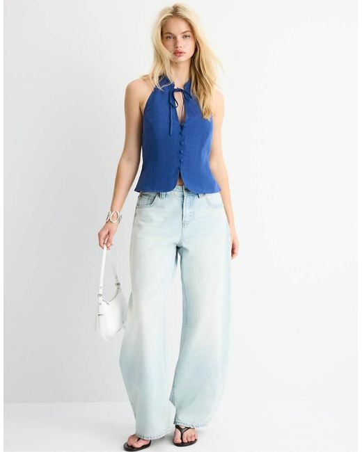 Stradivarius Blue Qipao Halter Neck Button Top