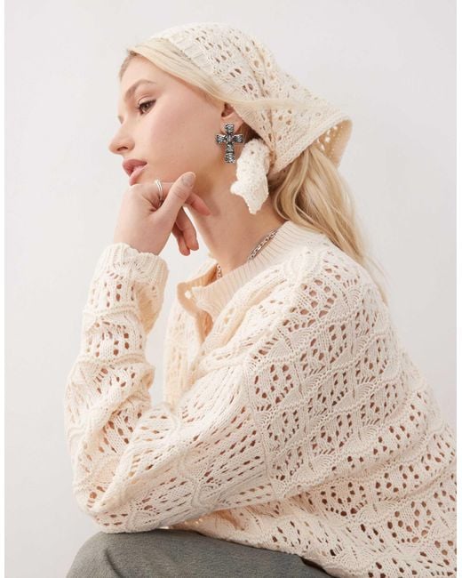 Reclaimed (vintage) Natural Crochet Boxy Cardi And Headscarf Set