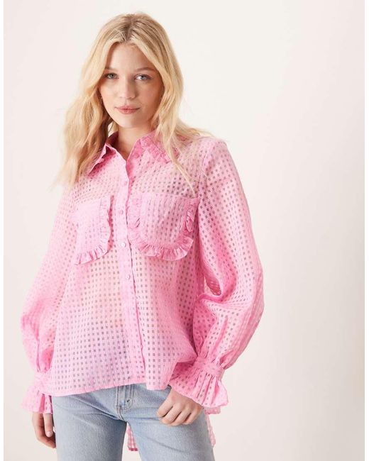 Y.A.S Pink Sheer Check Ruffle Trim Detail Shirt