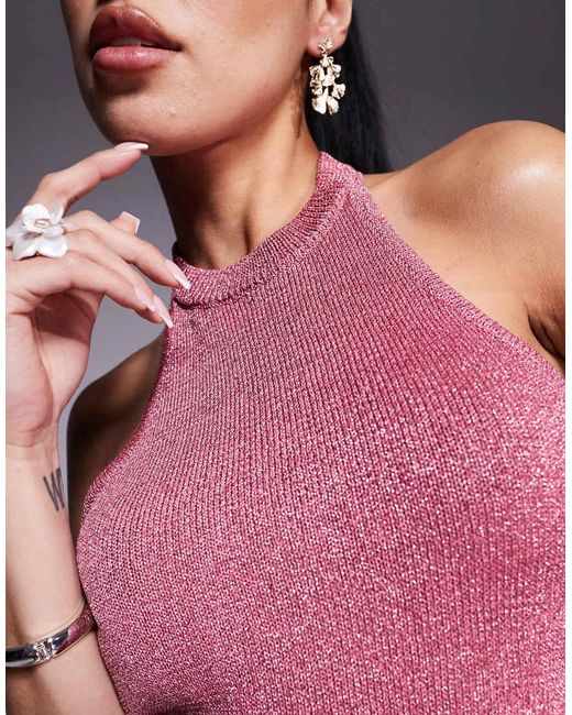 Aria Cove Pink Metallic Knit Halterneck Top Co-Ord