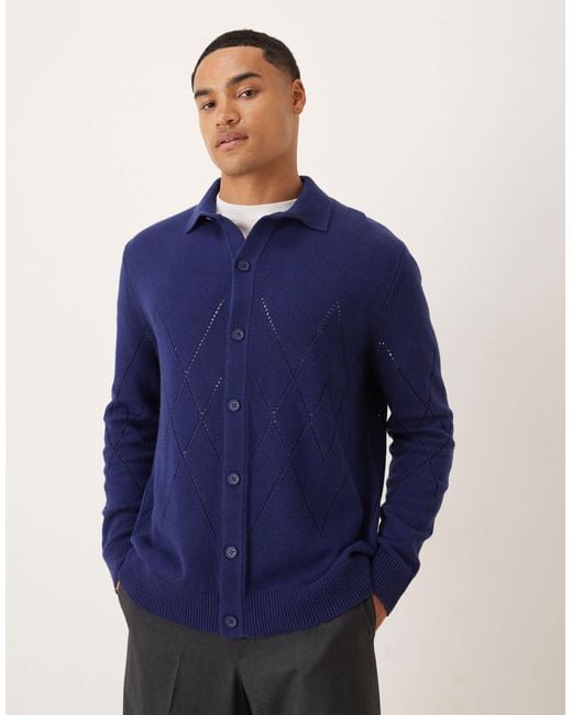 ASOS Blue Relaxed Knitted Pointelle Button Through Polo for men