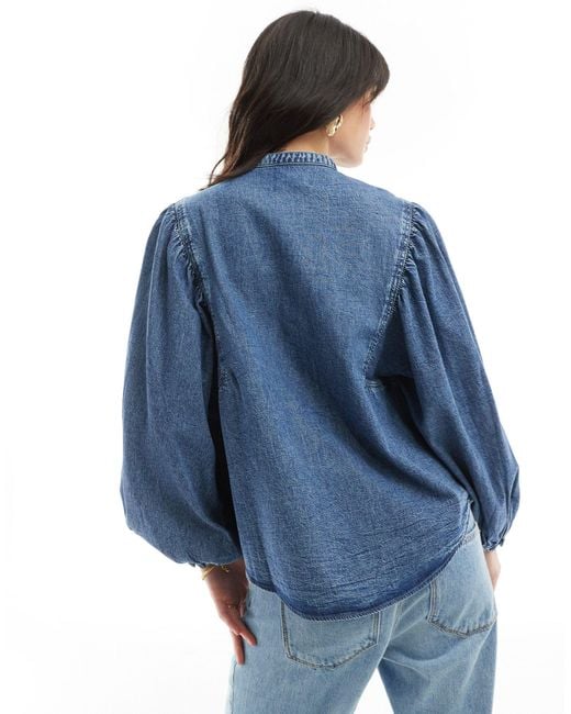 & Other Stories Blue Denim Blouse With Volume Sleeves
