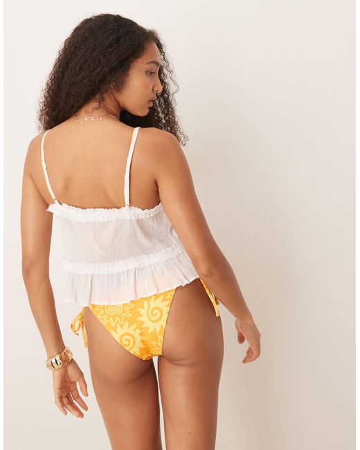 ASOS Natural Crinkle Ruffle Detail Tie Front Crop Beach Top