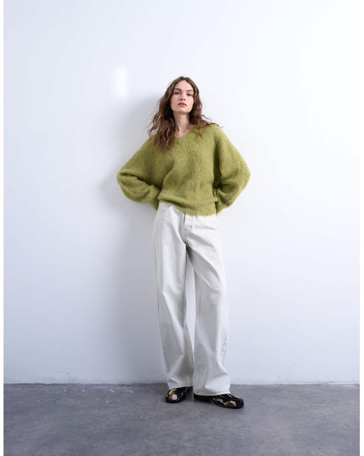 TOPSHOP Green Knitted Premium Alpaca V Neck Jumper