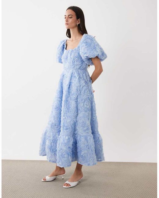 Sister Jane Blue Dream Floral Tulle Puff Sleeve Midaxi Dress