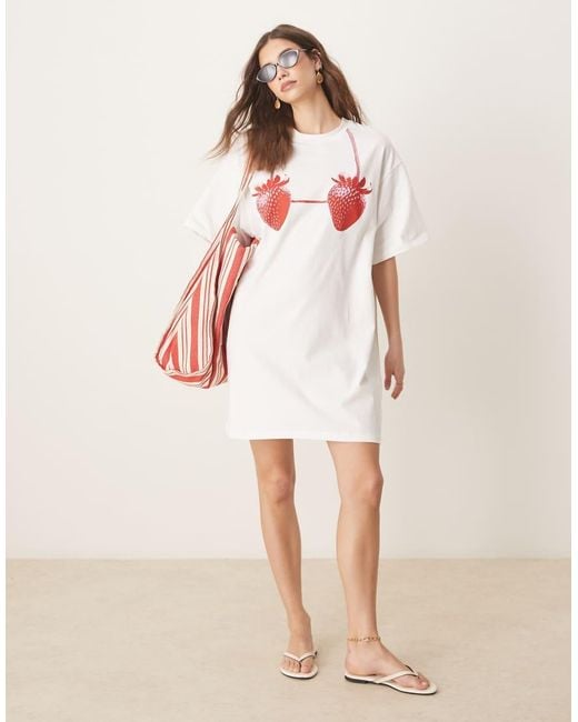 ASOS Natural Oversized T-shirt Mini Dress With Strawberry Print