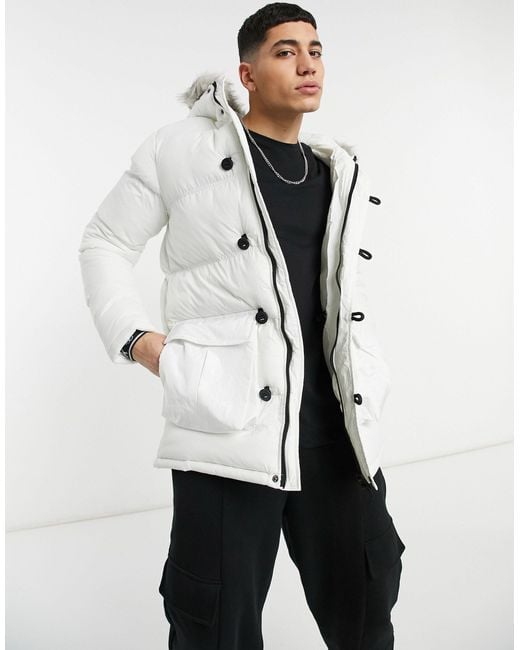 Siksilk White Puffer Parka Jacket With Faux Fur Hood for men