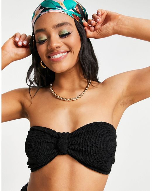 ASOS Mix And Match Crinkle Knot Front Bandeau Bikini Top in Black | Lyst