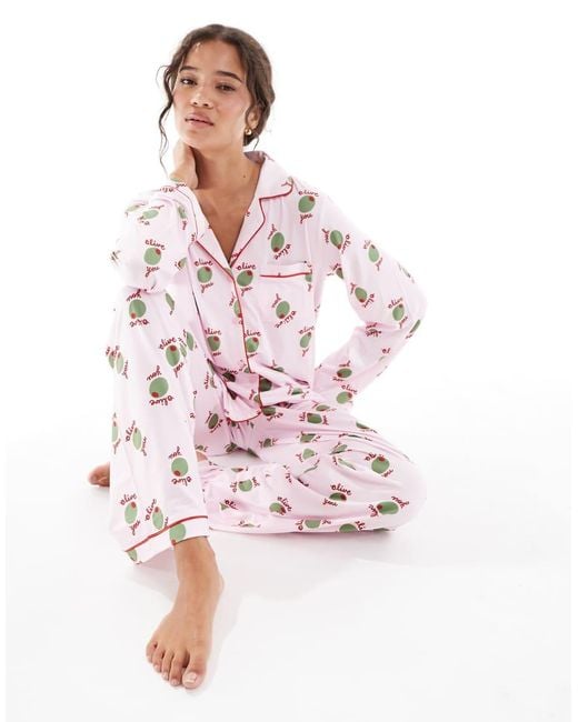 Loungeable Pink Super Soft 'olive You' Jersey Revere Top And Wide Leg Pyjama Set