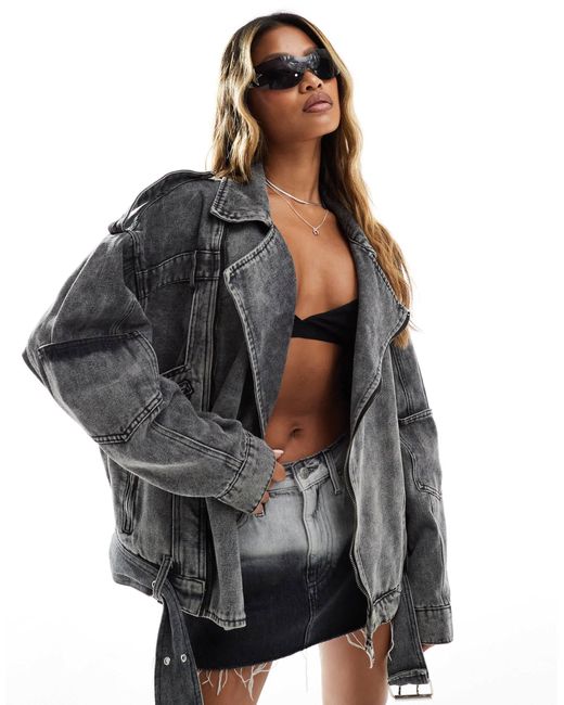 Liquor N Poker Black Oversized Denim Biker Jacket