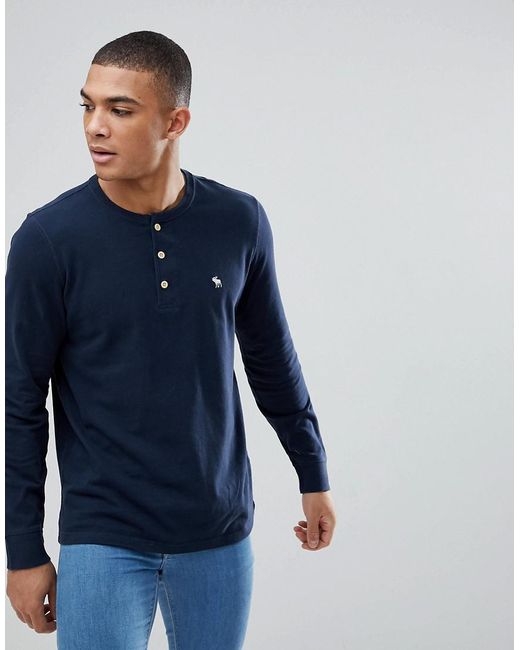 Abercrombie & Fitch Blue Henley Long Sleeve Top Tonal Logo In Navy for men