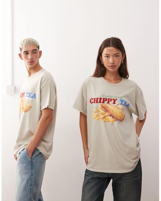 Reclaimed (vintage) Natural Unisex Oversized Tee With Food Graphic Print for men