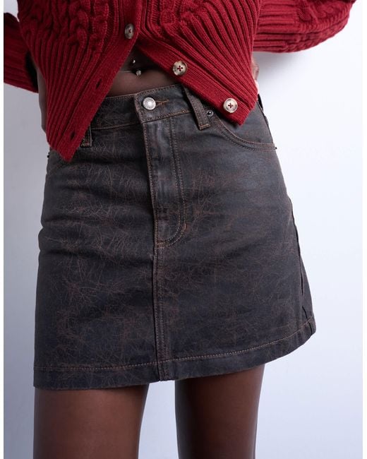 TOPSHOP Red Denim Mini Pelmet Skirt