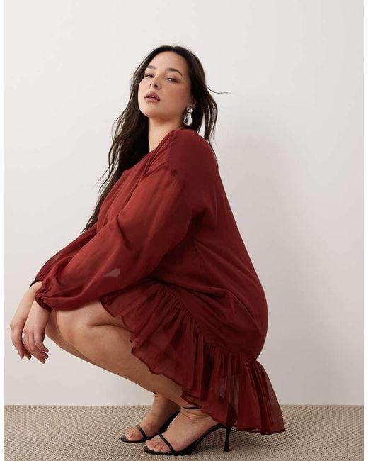 ASOS Red Asos Design Curve Slash Neck Chiffon Godet Mini Dress