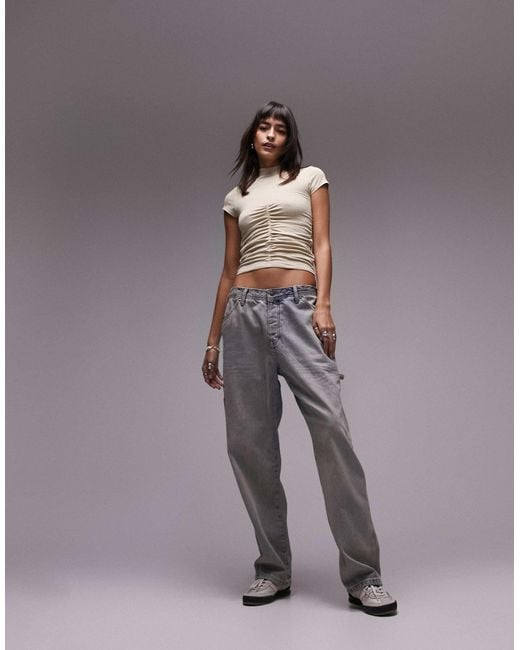 TOPSHOP Brown Ruched Front Short Sleeve Top