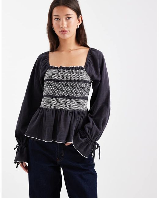 ASOS Black Square Neck Contrast Stitching Smock Top