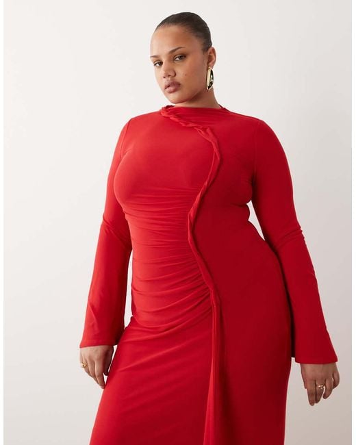 ASOS Red Asos Design Curve Mesh Long Sleeve Maxi Dress With Twist Detail