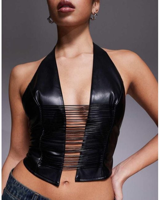 I.AM.GIA Blue Altair Leather Look Plunge Halterneck Drape Detail Top
