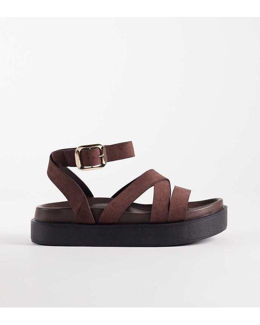 SEQWL Wide Fit Brown Strappy Flatform Sandals