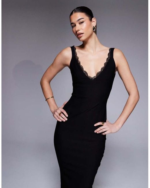 Vesper Blue Bengaline V Neck Lace Trim Strappy Maxi Dress