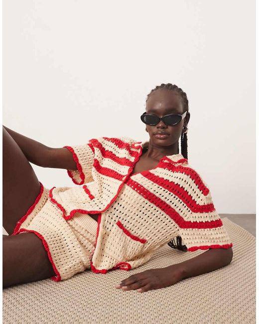 ARRANGE Red Knitted Contrast Stripe Button Through Top Co-ord With Pockets