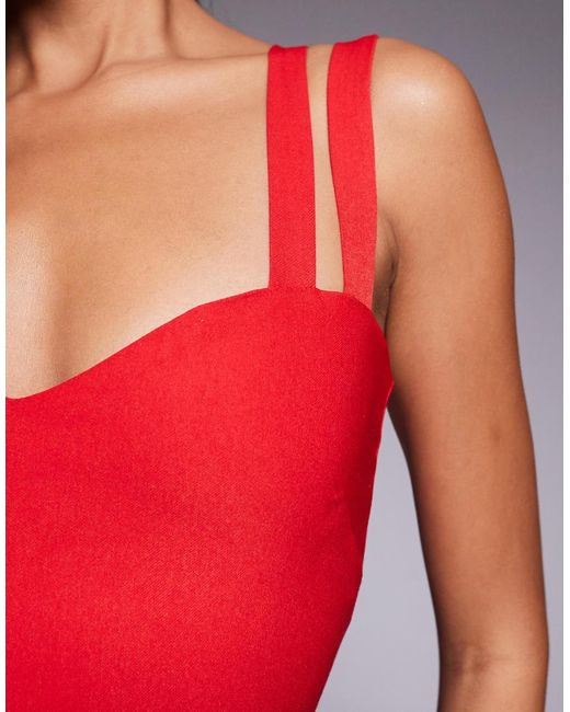 Vesper Red Bengaline Strappy Sweetheart Neck Maxi Dress