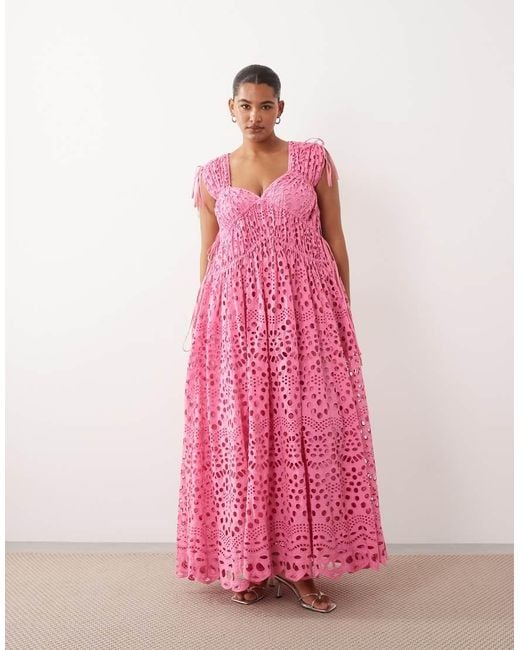 ARRANGE Pink Curve Broderie Drawstring Detail Trapeze Maxi Dress