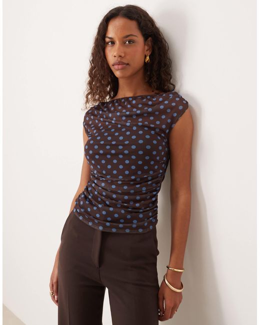 ASOS Brown Gathered Short Sleeve Off Shoulder Mesh Top