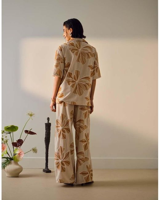 TOPSHOP Natural Low Rise Linen Look Stitch Detail Floral Pants