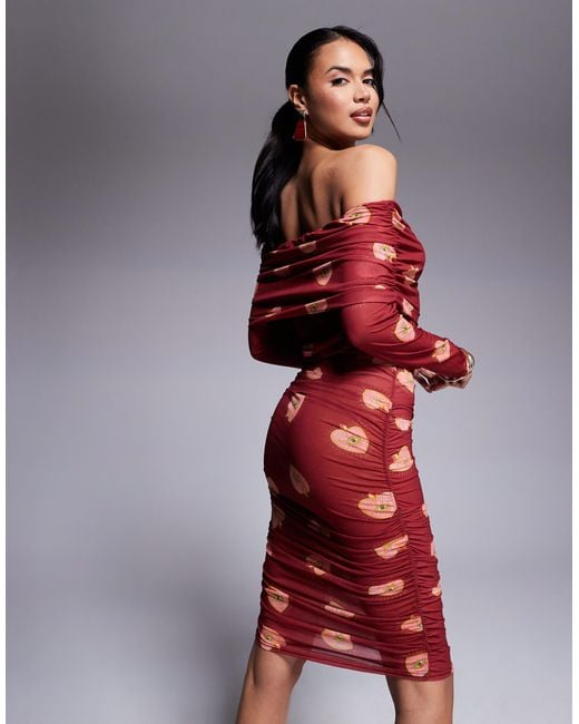 Never Fully Dressed Red Bardot Ruched Heart Print Mesh Mini Dress