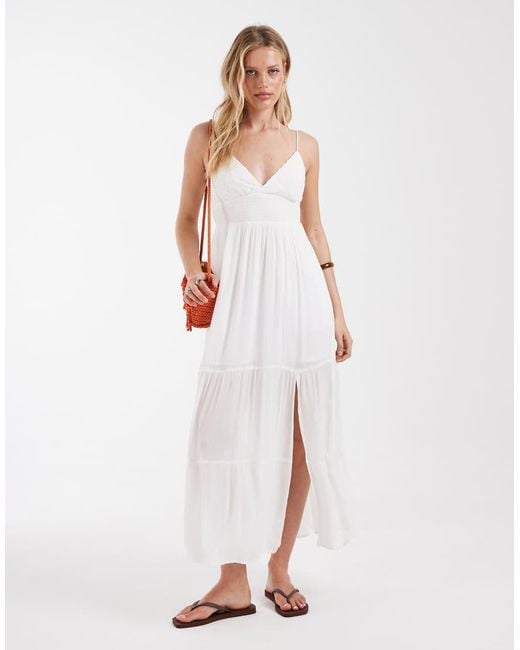Hollister White Embroidered Strappy Tiered Maxi Dress