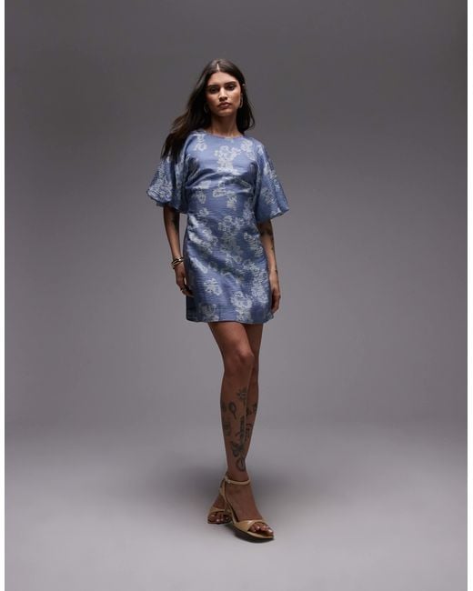 & Other Stories Blue Mini Dress With Puff Sleeves With Tie-back Belt