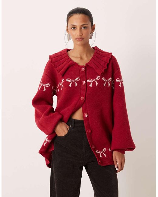 For Love & Lemons Red Bow Intarsia Knitted Oversized Cardigan With Ribbed Collar