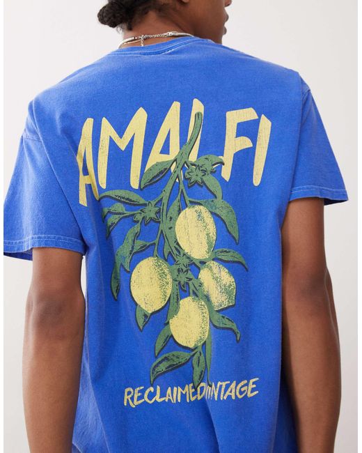 Reclaimed (vintage) Blue Unisex Oversized T-shirt With Amalfi Lemon Print