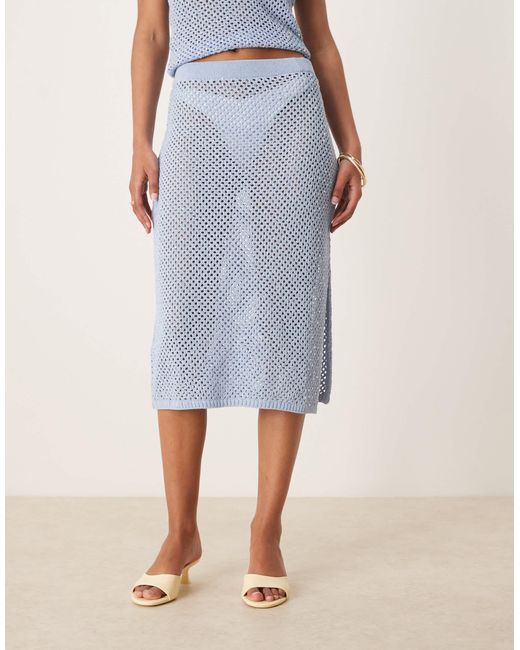 Mango Blue Crochet Straight Fit Embelished Midi Skirt Co-ord