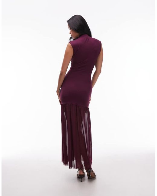 ASOS Purple Dropped Waist Mesh Maxi Dress With Grown On Neck