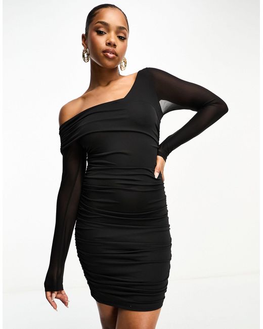 Miss Selfridge Asymmetric Mesh Mini Dress in Black | Lyst