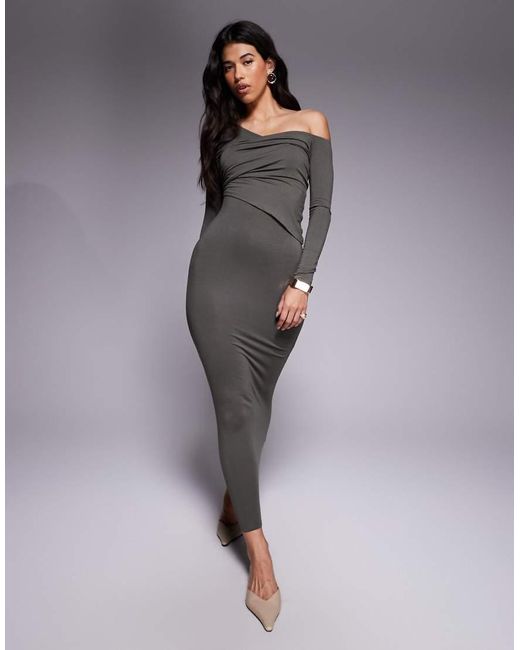 Vestito Midi Con Spalla Scesa A Doppio Strato Kaki di ASOS in Gray