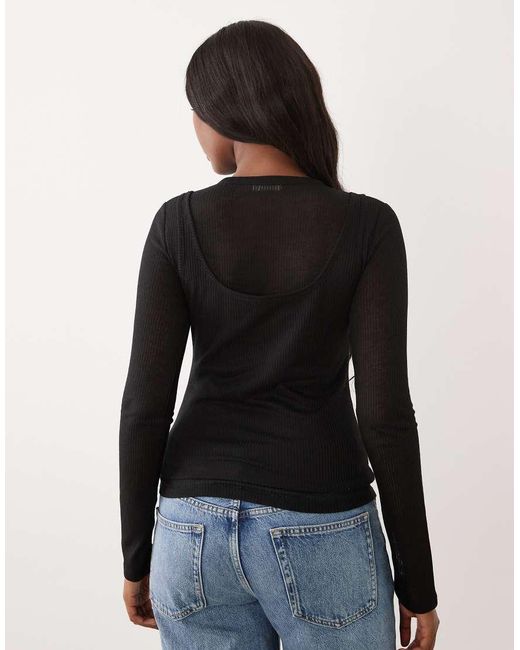 ASOS Black Sheer Ribbed Long Sleeve Double Layer Top