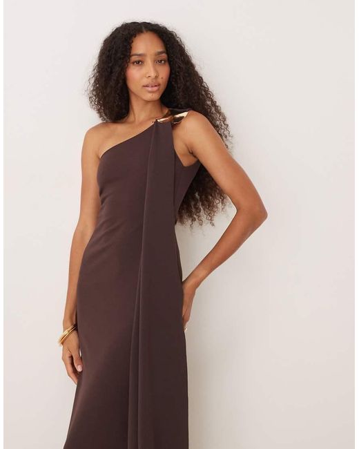ASOS Brown Cut Out One Shoulder Maxi Dress With Hammered Trim