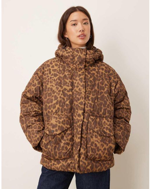 JJXX Brown Puffer Jacket With Leopard Print