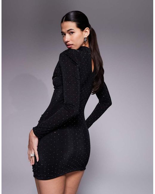 Ruched & Ready Blue Removable Shoulder Pad Detail Choker Cowl Neck Sculpting Hotfix Mini Dress