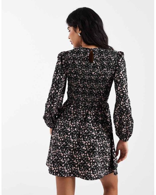 Daisy Street Black Long Sleeve Shirred Mini Smock Dress