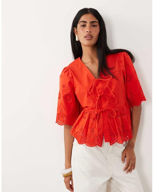 Y.A.S Red Tie Front Cotton Broderie Top