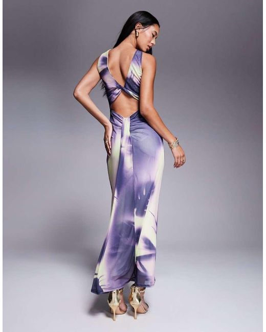 ASOS Purple Trimmed Halter Neck Maxi Dress With Twisted Back Detail