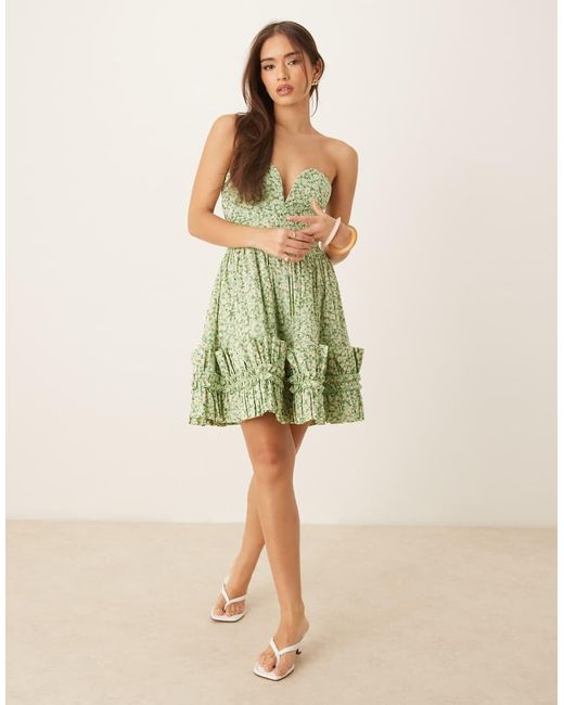 LACE & BEADS Green Bandeau Cotton Ruffle Hem Mini Dress